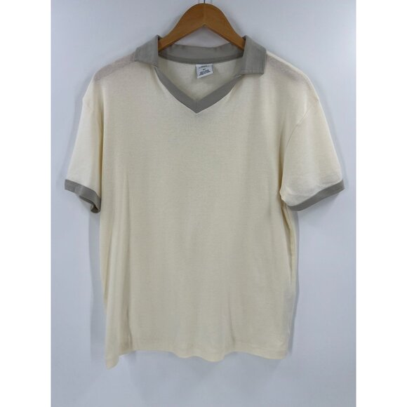 Urban Outfitters Mens Beige & Gray Short Sleeve Shrunken Fit V-Neck Polo Tee - Picture 1 of 9